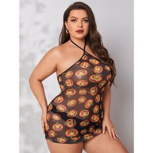 3XL Plus Size 18 Halloween Pumpkin Print Babydoll Slip With Thong